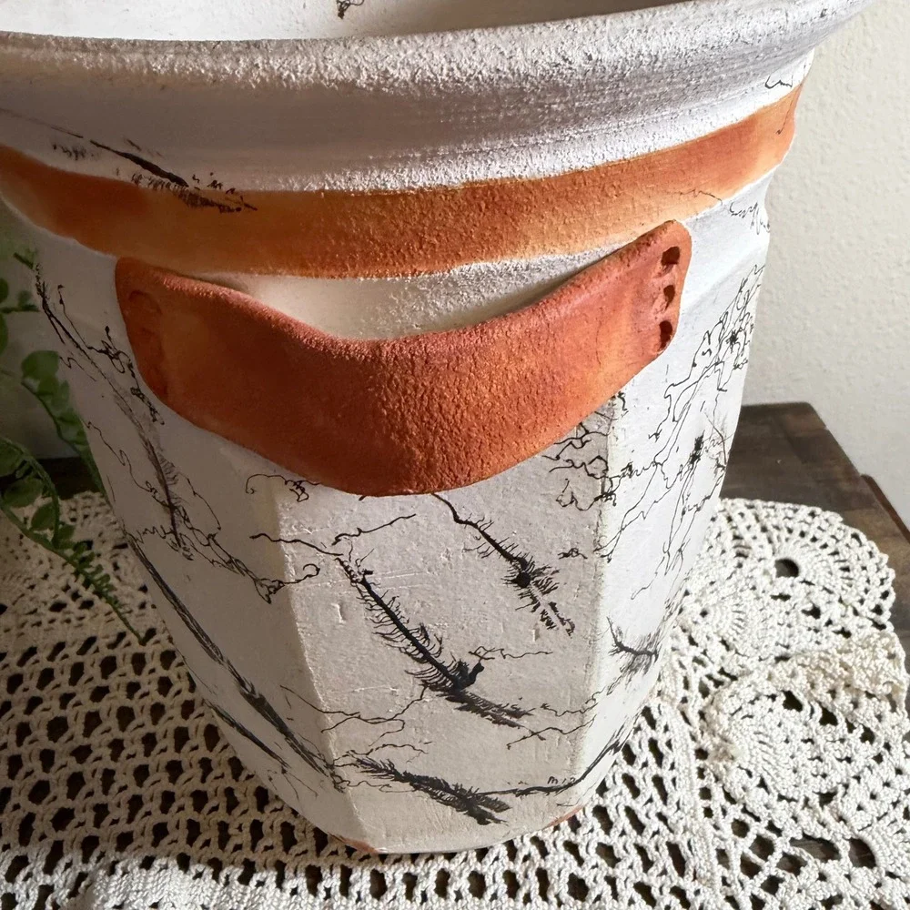 Vintage 2002 Signed Horsehair Feather Pottery Vase Octagonal Studio Art Ceramic
